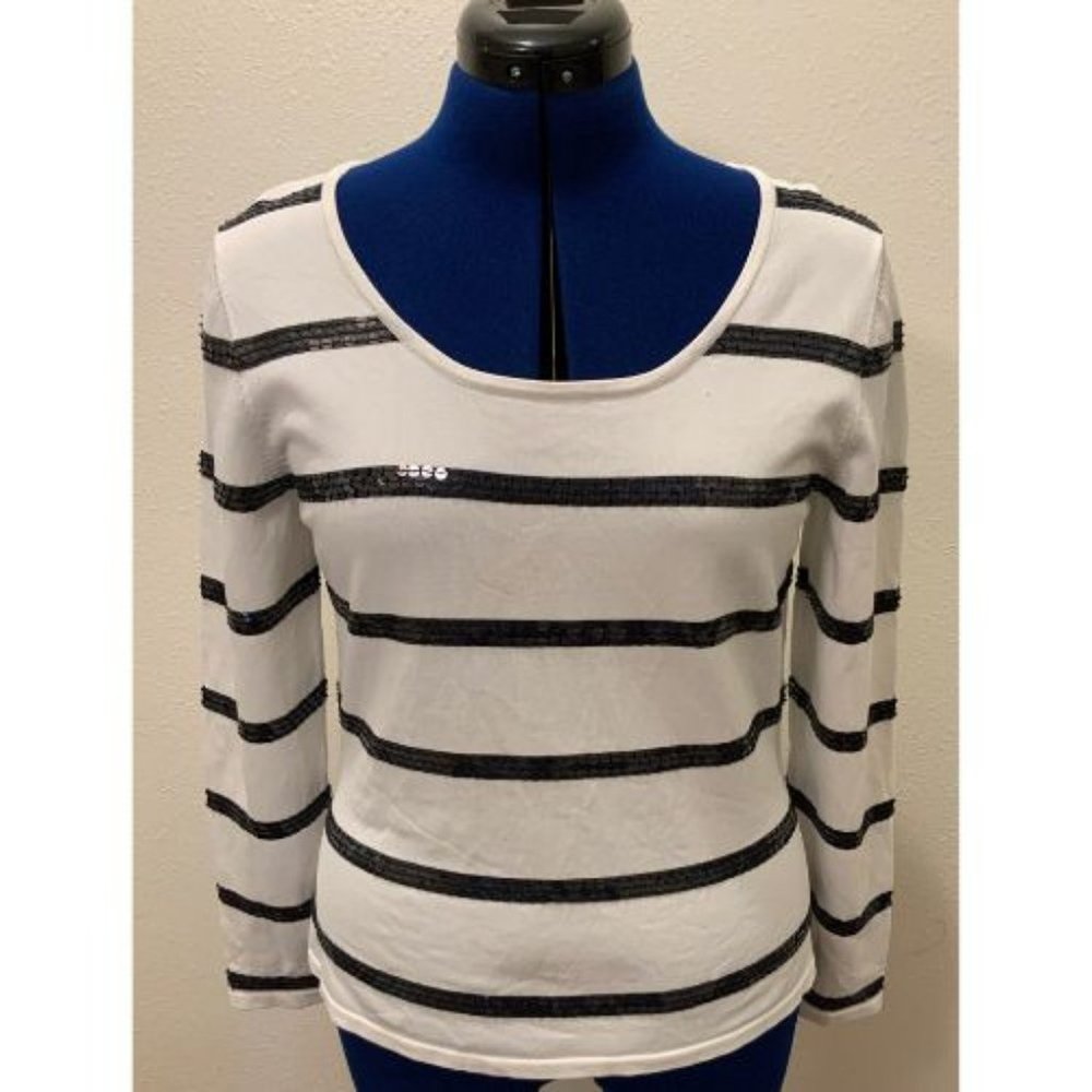 Talbots Petites - Black Sequin Striped Long Sleeve T-shirt - Size MP